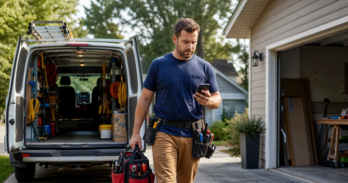 Service business owner using phone and schedule to book a job after a missed call.