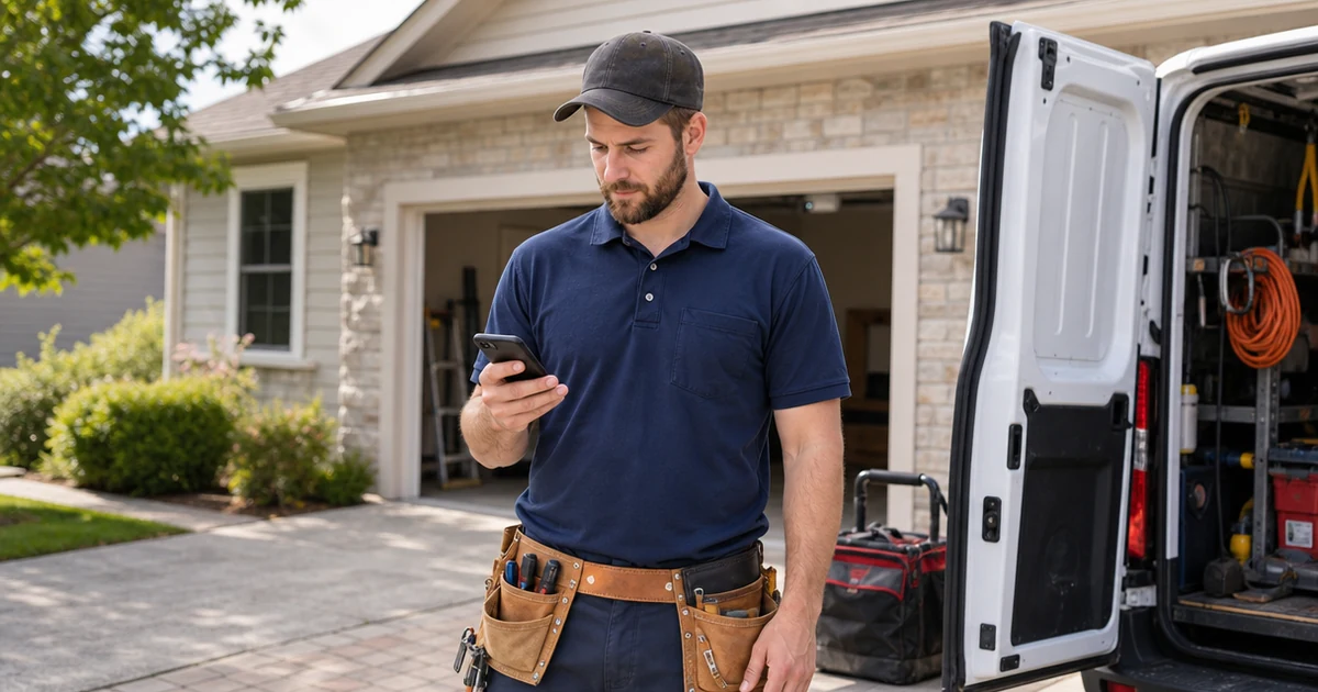 Home-service contractor on a jobsite checking a phone after missing a call.