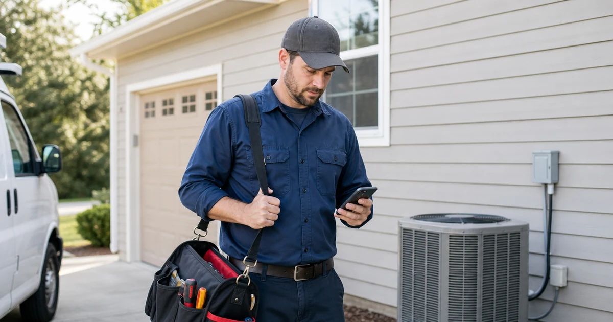 HVAC contractor checking a phone near a residential HVAC service setting.