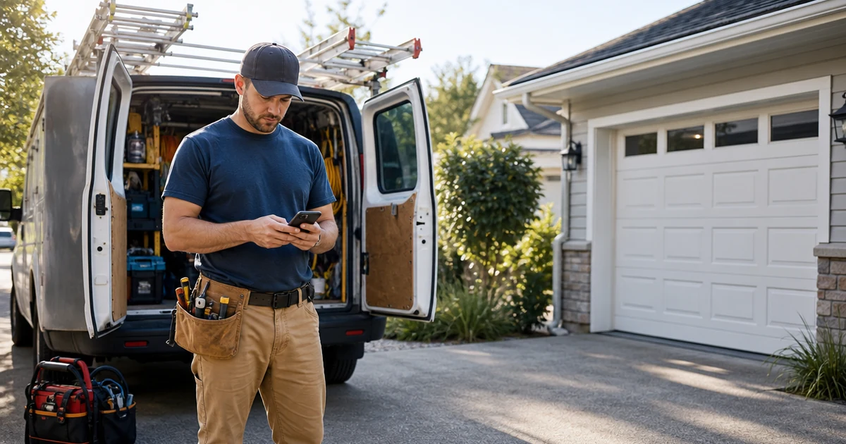 Home-service business owner checking a phone after a missed customer call.
