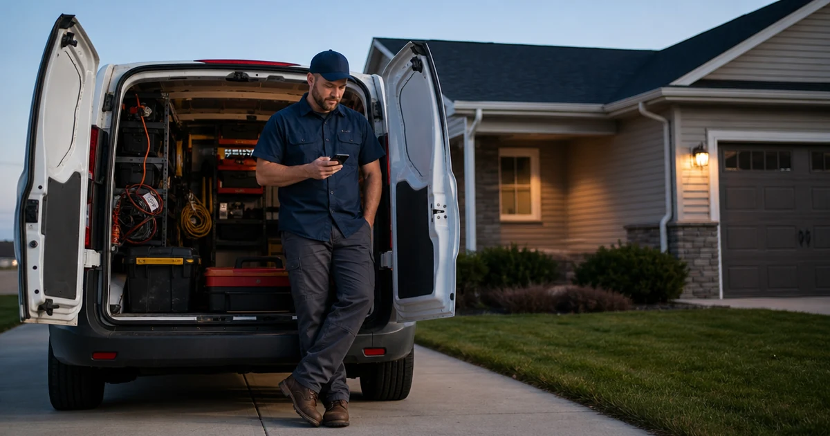 Residential service technician beside an open work van after hours, checking a phone outside a home.