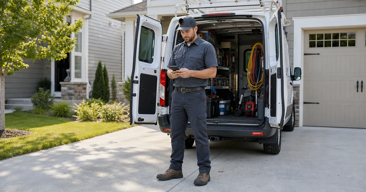 Residential HVAC service owner checking a phone beside an open work van during busy season.