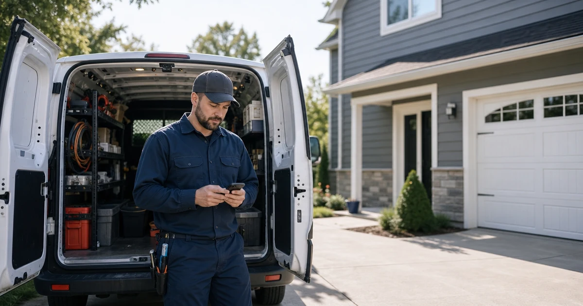 Residential service technician standing beside an open work van outside a home, checking a phone.