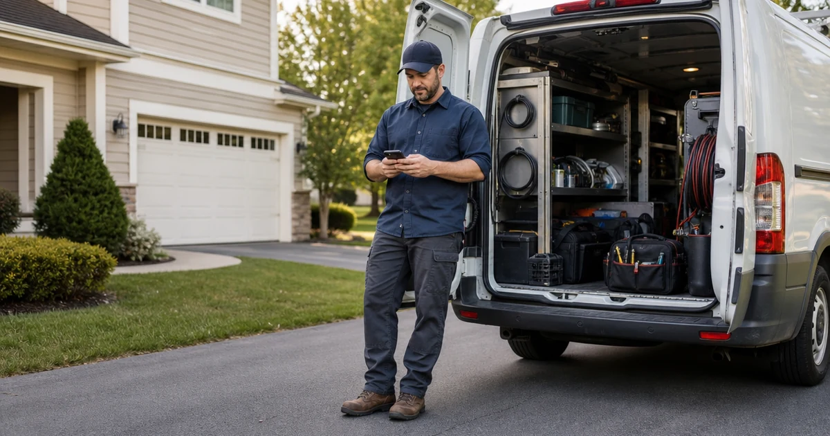 Residential HVAC service owner checking a phone beside an open work van outside a home.