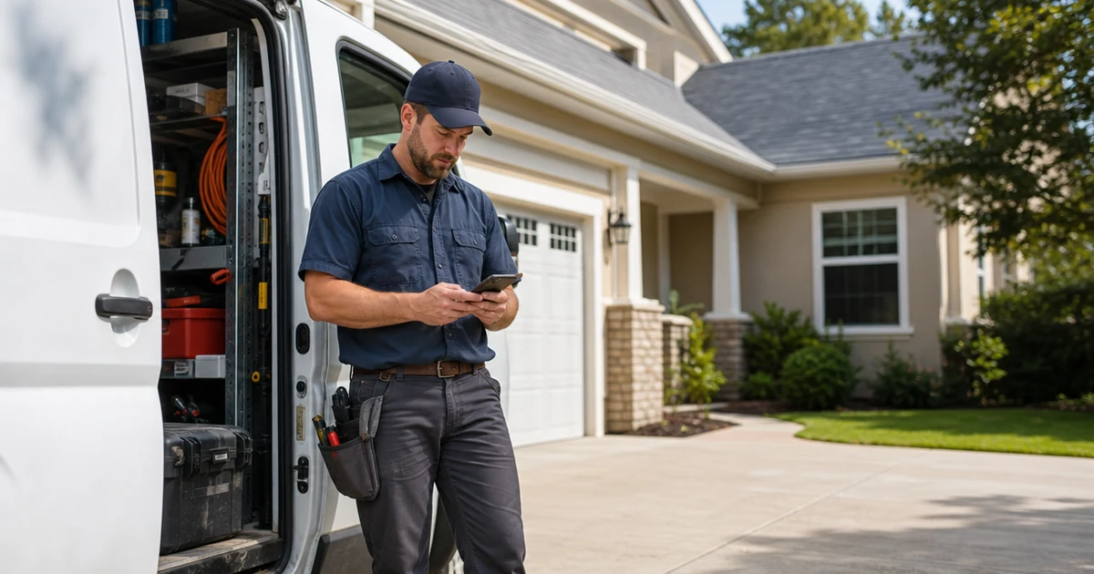 Residential service owner-operator checking a phone beside an open work van after a missed HVAC call.