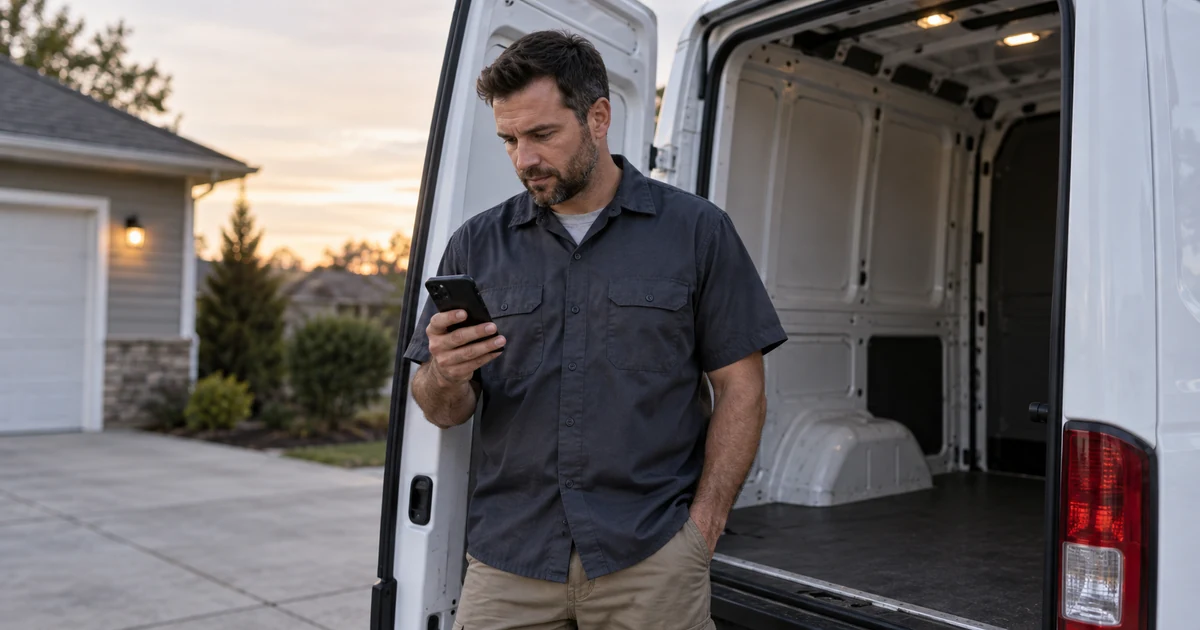 Residential service technician checking a phone beside a work van after hours.