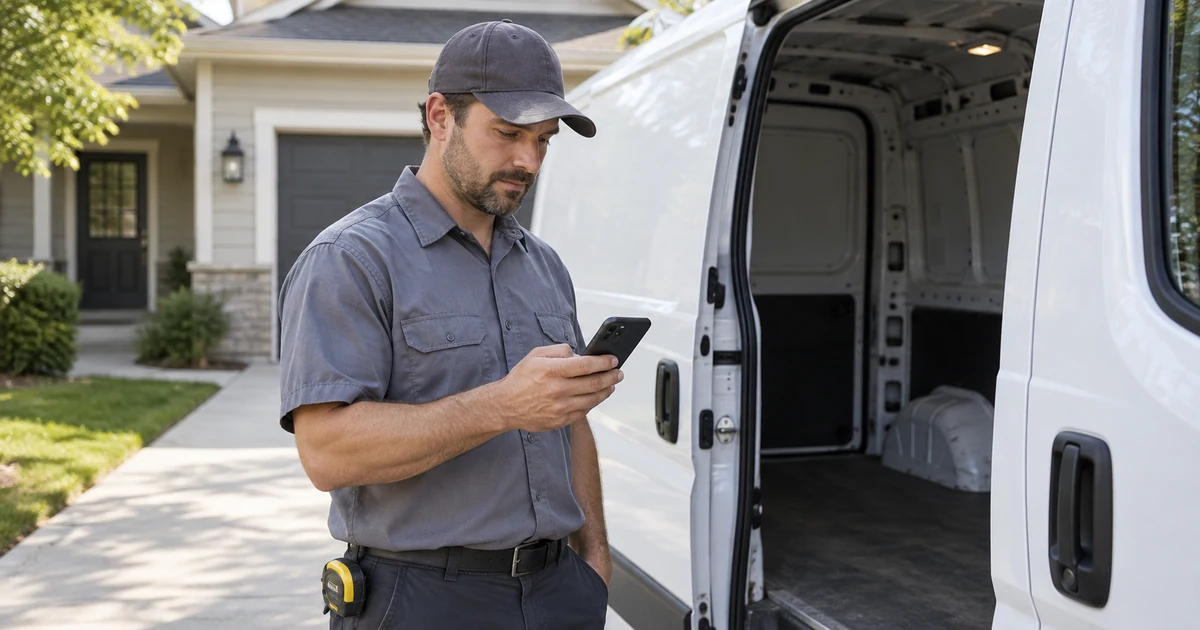 Residential service owner checking a phone near a work van between jobs.