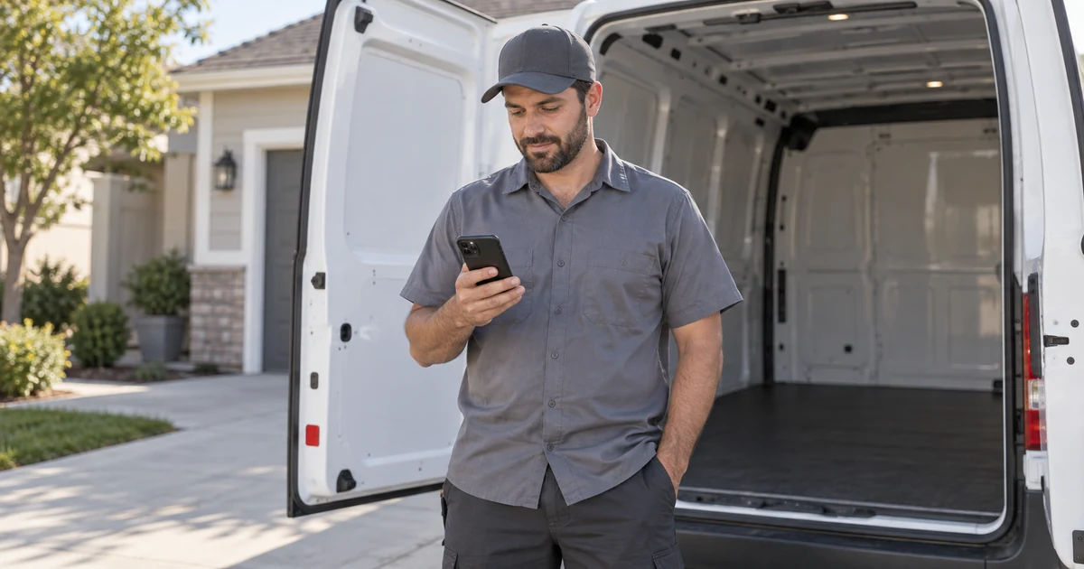 Residential service business owner beside a work van, checking a phone between jobs.