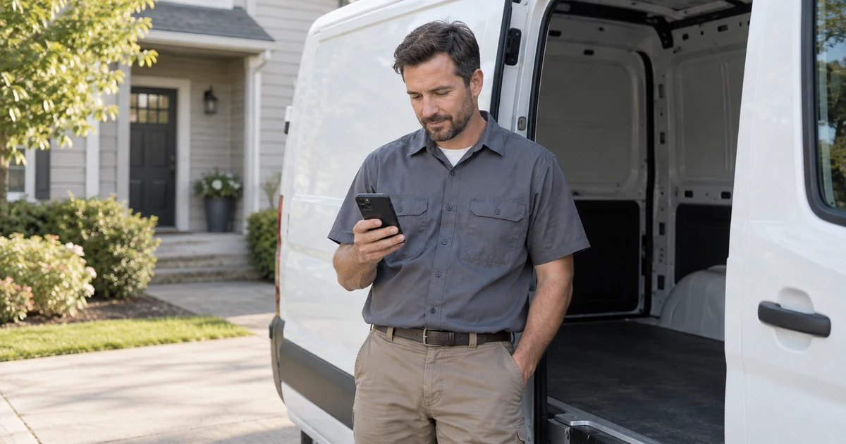 Residential service business owner checking a phone beside a work van between jobs.