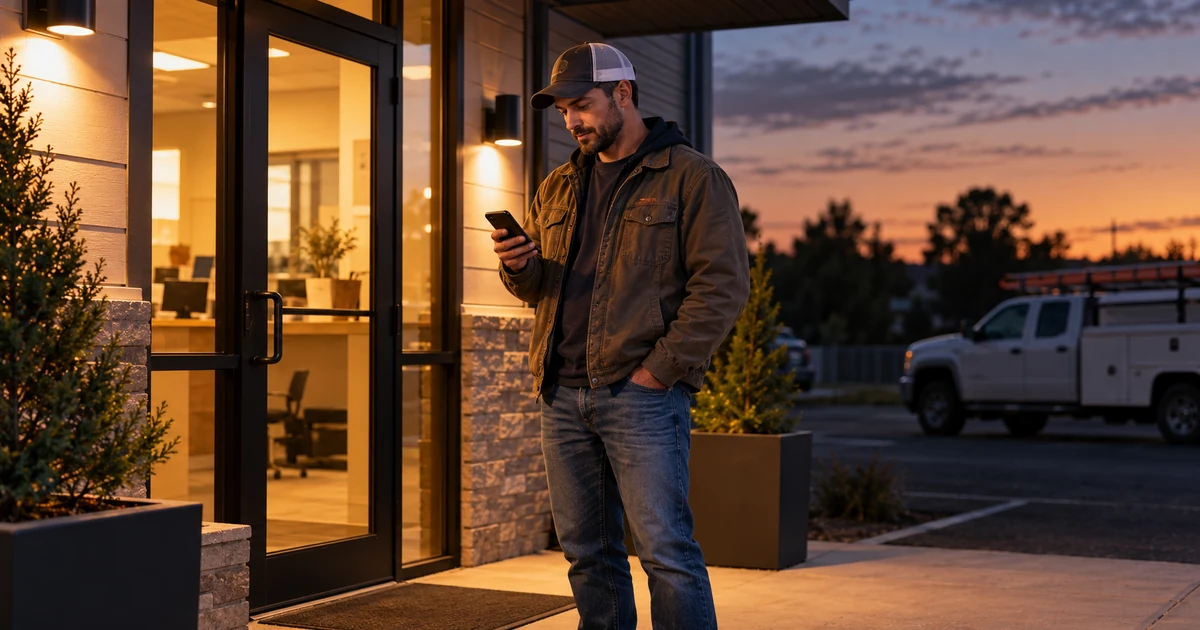 Electrical business owner reviewing a phone outside the office in the evening