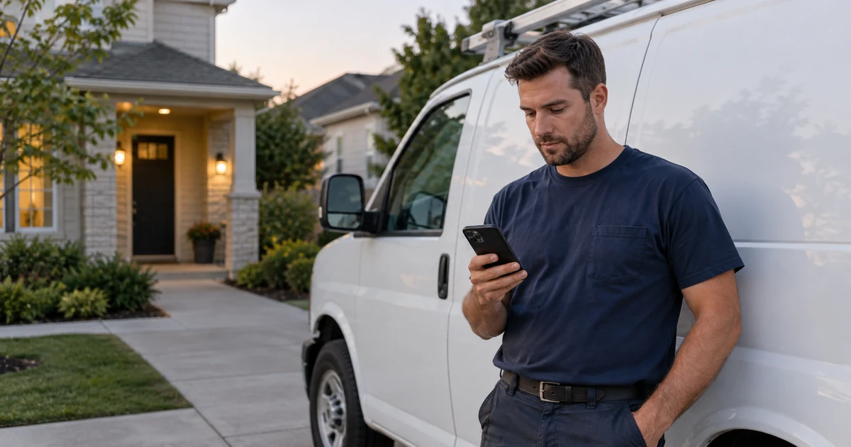 Plumbing technician checking a phone beside a work van in early evening light.