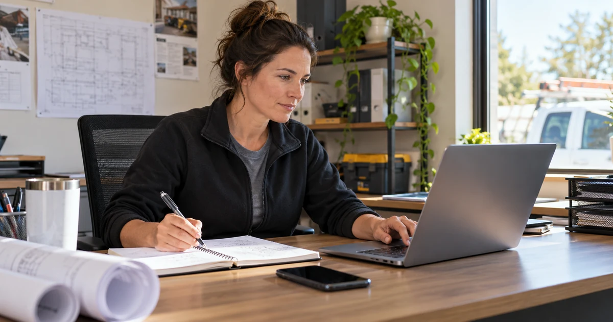 Electrical business owner reviewing notes at an office desk