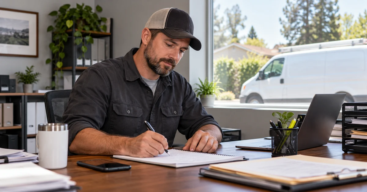 Electrical contractor organizing callback notes at an office desk