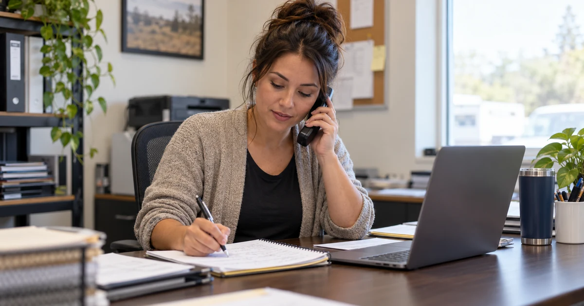Office staff member reviewing a caller's notes