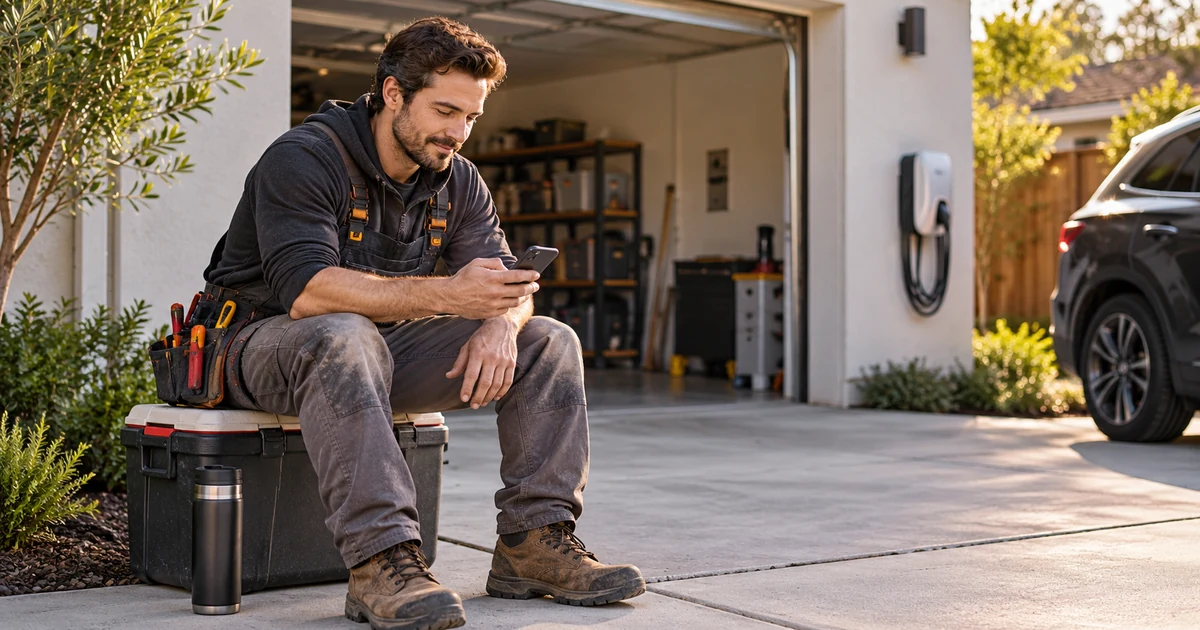Electrician checking a phone during a break near a residential garage