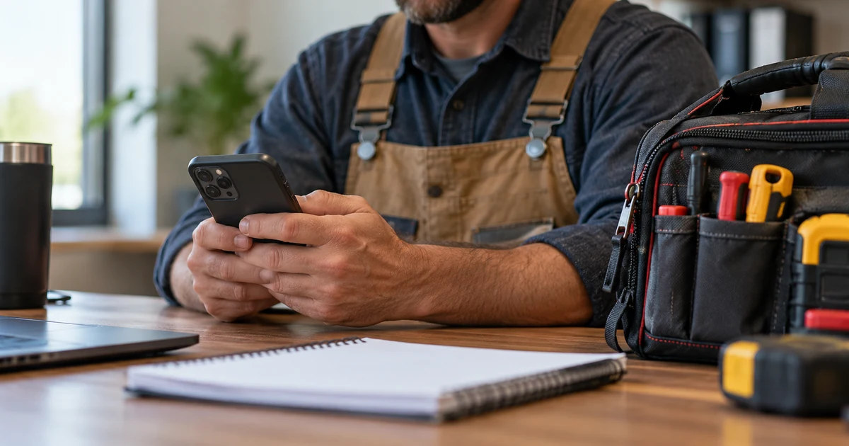 Phone held beside a tool bag on a desk