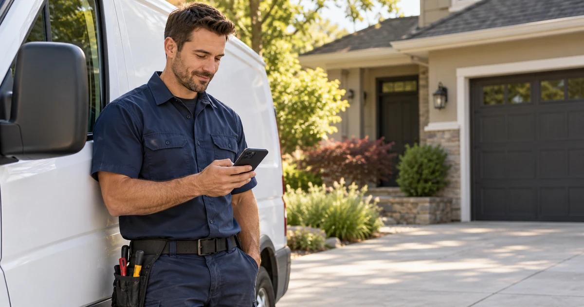 Electrical contractor reviewing a phone beside a parked service van