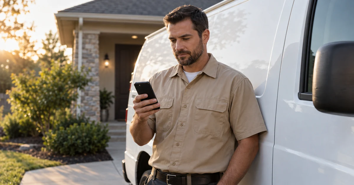 Plumbing service team member checking a phone beside a work van during a busy day.