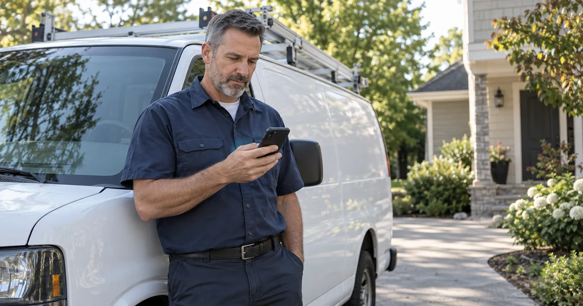 Plumbing service owner checking a phone beside a work van outside a home.